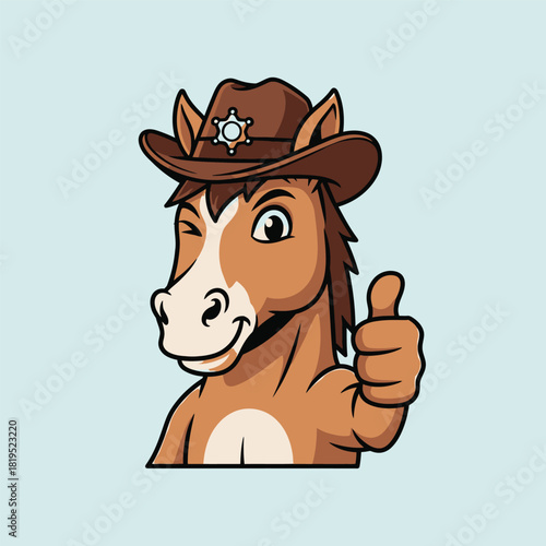 Cartoon horse wearing a cowboy hat, winking and giving a thumbs-up gesture with a friendly expression.