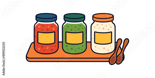 Flat vector pasta sauces trio: marinara jar pesto jar alfredo jar tasting spoons tray bright vibrant palette clean outlines minimal centered isolated on white no logos