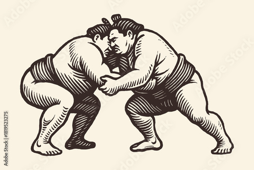 Sumo wrestlers fight vintage engraving vector illustration
