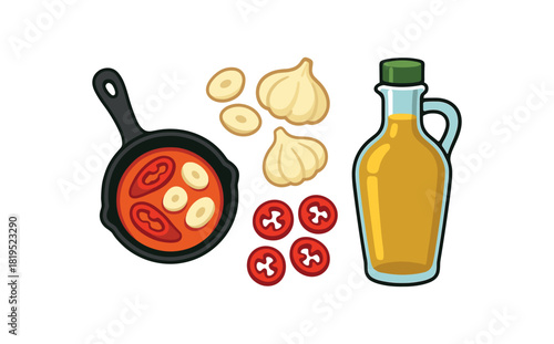 Flat vector garlic and chili oil set: small pan sliced garlic chili rings olive oil glass bottle bright vibrant palette clean outlines minimal centered isolated on white no logos