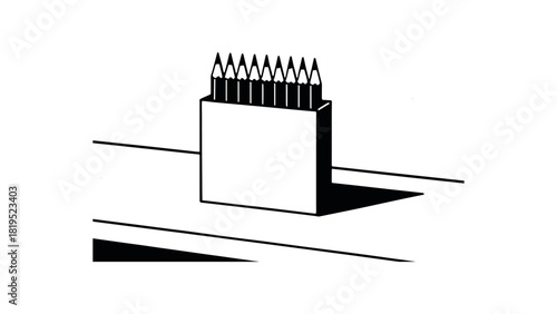 Box of colored pencils on desk no face black silhouette with tip and shadow lines flat art material setup