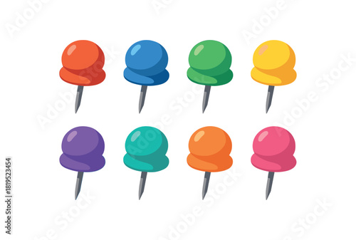 Flat vector illustration of colorful push pins set with vivid heads rounded shapes clean vector style