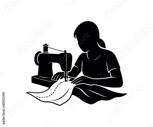 Sewing machine with cloth motion no face black silhouette with fabric and stitch lines active hobby vector