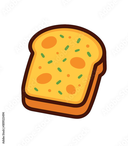 Single slice of garlic bread with toasted spots flat vector style bold outline sticker look bright warm palette isolated on transparent background centered no face