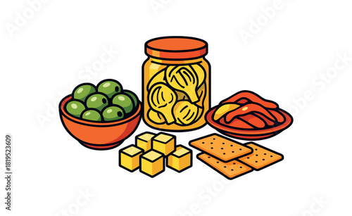 Flat vector antipasti platter prep: olives bowl artichokes jar roasted peppers cheese cubes crackers bright vibrant palette clean outlines minimal centered isolated on white no logos