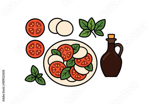 Flat vector caprese salad set: tomato slices mozzarella rounds basil balsamic bottle plate bright vibrant palette clean outlines minimal centered isolated on white no logos