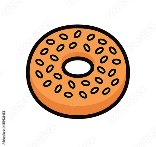 Single bagel with sesame seeds flat vector style bold outline sticker look bright warm palette isolated on transparent background centered no face