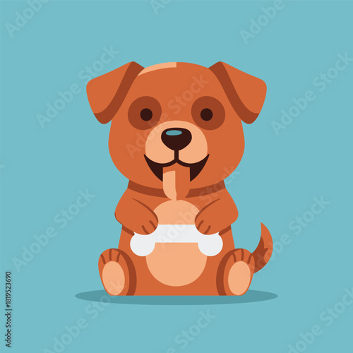 Cartoon dog sitting and holding a bone with tongue sticking out.