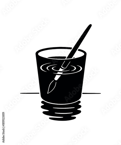 Cup with water for brushes no face black silhouette with ripple and reflection lines art prep moment