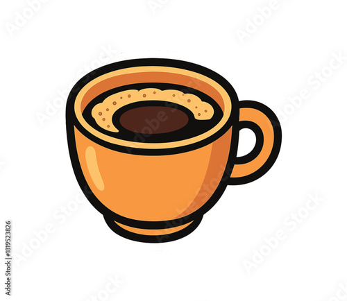 Single cup of coffee with froth ring flat vector style bold outline sticker look bright warm palette isolated on transparent background centered no face