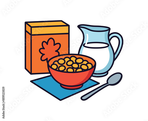 Flat vector cereal morning: cereal bowl milk jug spoon cornflakes box napkin bright vibrant palette clean outlines minimal centered isolated on white no logos