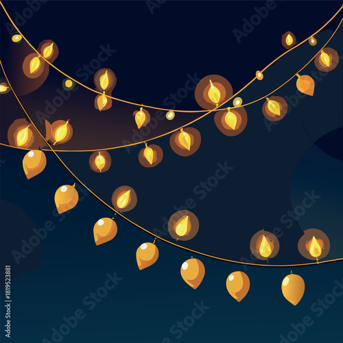 Warm golden string lights hanging in gentle curves against a dark night background, glowing softly with a cozy festive atmosphere.