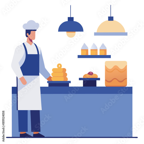 Chef preparing pastry desserts at bakery counter illustration