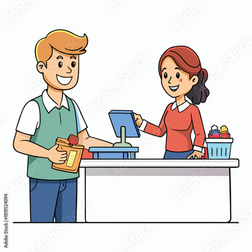 Happy Customer at Checkout Counter Paying for Groceries