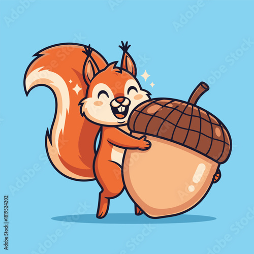 Cheerful cartoon squirrel hugging a giant acorn with a happy expression.