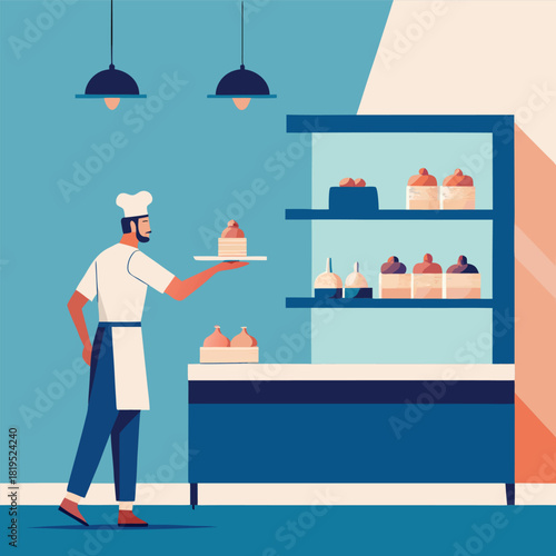 Baker with cake in bakery shop