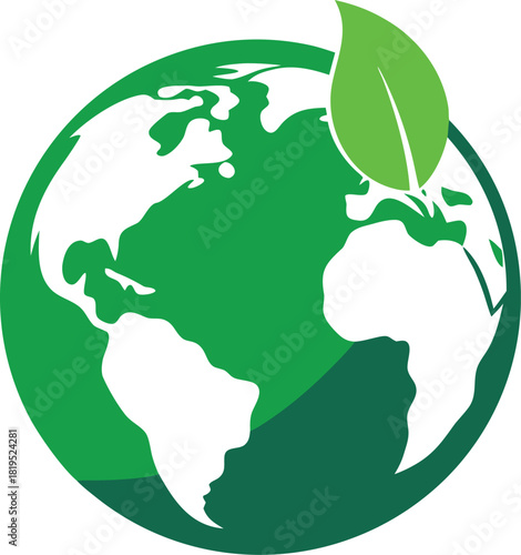 Green earth globe with leaf symbol icon, representing environmental care