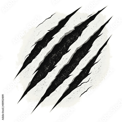 Dynamic torn vector surface with aggressive claw mark openings rough grunge texture white backdrop clean flat style