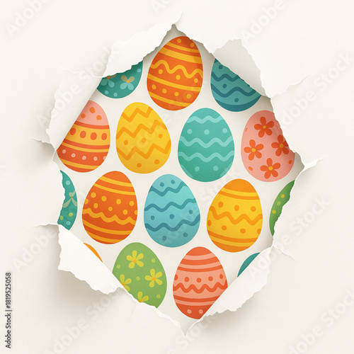 Decorated Easter egg pattern behind ripped torn vector shape white backdrop high quality crisp style