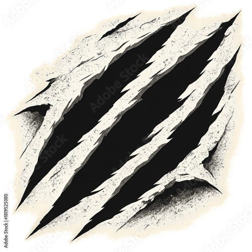 Dynamic torn vector surface with aggressive claw mark openings rough grunge texture white backdrop clean flat style