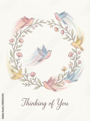 A whimsical illustration featuring colorful birds and floral elements, encircling the phrase 