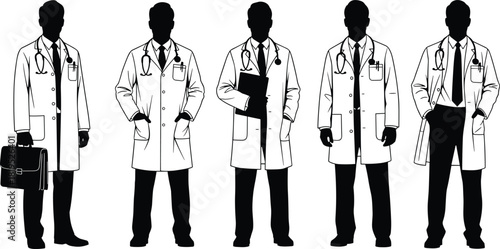 Male Doctor Silhouettes Set in Lab Coats, Stethoscopes, and Ties, Medical Professionals, Healthcare Workers, Physician, Surgeon, Holding Briefcase and Clipboard, Hospital Staff, Medicine, Isolated