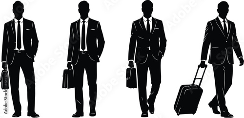 Businessman Silhouettes Set in Formal Suits, Professional Male Characters Holding Briefcases and Luggage, Corporate Travel, Executive, Manager, CEO, Business Trip, Isolated on White Vector
