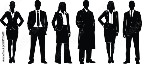 Business People Silhouettes Set, Professional Male and Female Characters in Suits, Corporate Attire, Manager, CEO, Employee, Director, Full Body Standing Poses, Diverse Business Fashion, Isolated