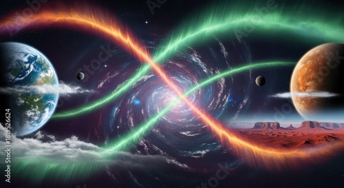Interstellar cosmic connection, two planets linked by glowing energy streams across a swirling galaxy.