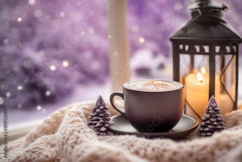 Warm beverage rests near glowing lantern beside window overlooking snowy scene