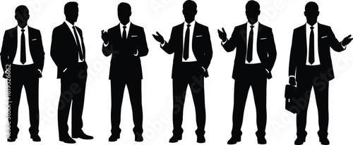 Group of Businessman Silhouettes in Suits and Ties, Corporate Professional Full Body Poses, Manager, CEO, Executive, Presenting and Speaking, Confident Stance, Isolated on White Vector Set