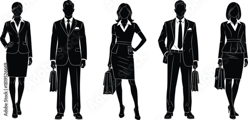 Business Professionals Silhouettes Set, Male and Female Executives in Suits, Corporate Leaders, Manager, CEO, Full Body Poses, Holding Briefcases, Corporate Fashion, Isolated Vector