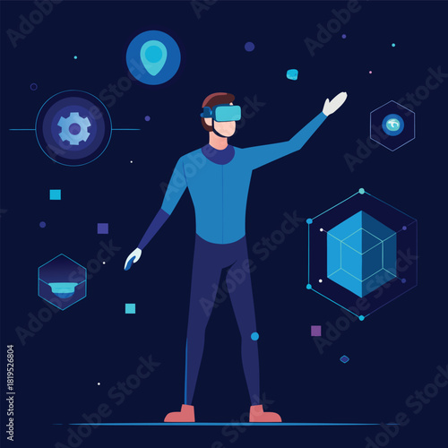 Man in vr glasses with virtual digital icons vector illustration