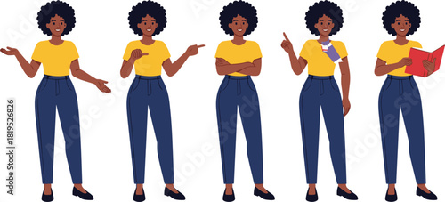 African American Woman Character Poses Set, Casual Style, Diverse Female Person Standing and Presenting, Holding Book, Hand Gestures, Arms Crossed, Young Adult, Isolated Vector Illustration