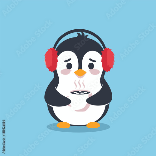 A cute cartoon penguin wearing red earmuffs holds a steaming hot cup to stay warm.