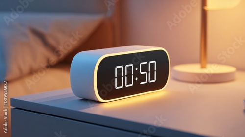 Modern digital clock displaying fifty seconds, stylish design on nightstand with warm lighting, bedside ambiance and cozy atmosphere for home interior