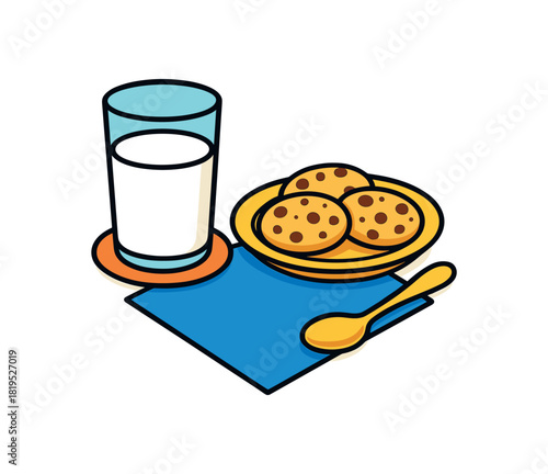 Flat vector milk and cookies: milk glass cookies plate napkin spoon coaster bright vibrant palette clean outlines minimal centered isolated on white no logos