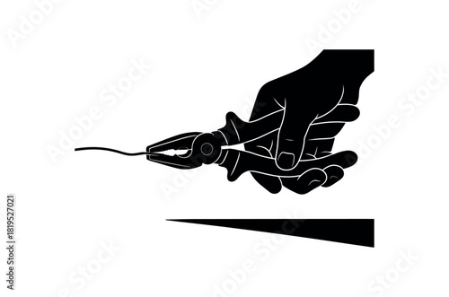 Pliers gripping wire on table black silhouette with jaw and hand line details repair process vector