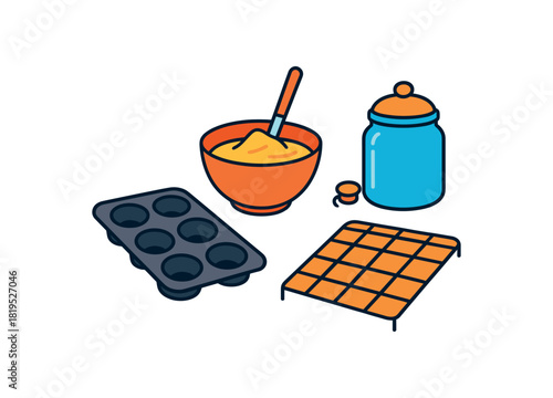 Flat vector muffin setup: muffin tin batter bowl spatula sugar jar rack bright vibrant palette clean outlines minimal centered isolated on white no logos