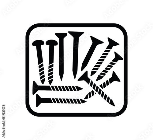 Screws and nails small container black silhouettes with head and thread line accents organized small parts view