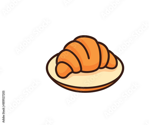 Single butter croissant on plate flat vector style bold outline sticker look bright warm palette isolated on transparent background centered no face