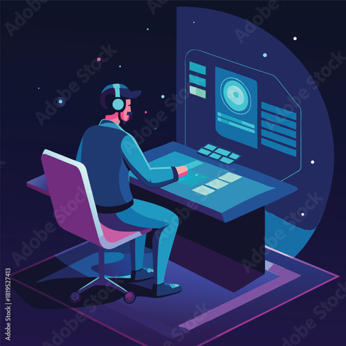 Man Sitting at Desk with Futuristic Interface