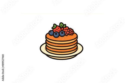 Single plate of pancakes with berries flat vector style bold outline sticker look bright warm palette isolated on transparent background centered no face