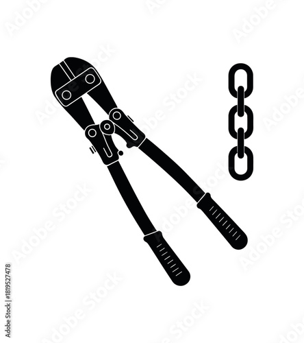 Bolt cutter beside chain black silhouette with joint and grip line accents flat heavyduty tool vector