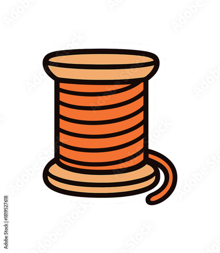 Single spool of thread with loose flat vector style bold outline sticker look bright warm palette isolated on transparent background centered no face