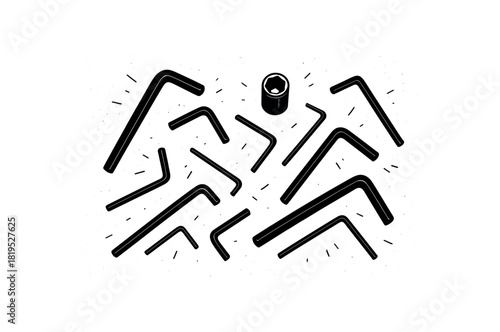 Allen keys scattered near socket black silhouettes with size variation and line accents toolkit mess moment