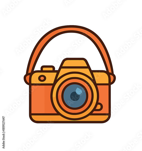 Single camera with strap and lens detail flat vector style bold outline sticker look bright warm palette isolated on transparent background centered no face