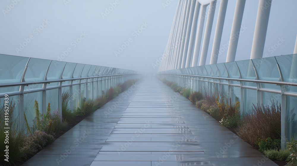 Obraz premium Transparent solar-glass pedestrian bridge surrounded by greenery in a futuristic eco-city. Sleek pedestrian bridge made from transparent solar glass, soft reflections, plant lined walkway edges.