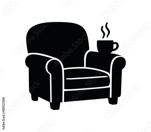 Armchair with coffee cup on armrest black silhouette with curve and steam lines flat comfort setup