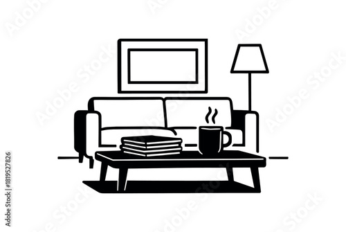 Coffee table with magazine stack black silhouette with edge and paper line details flat modern living room